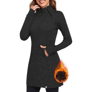 Women's Fleece Dress Running Sweatshirt Dress with Thumb Holes Pocket Zip-Black